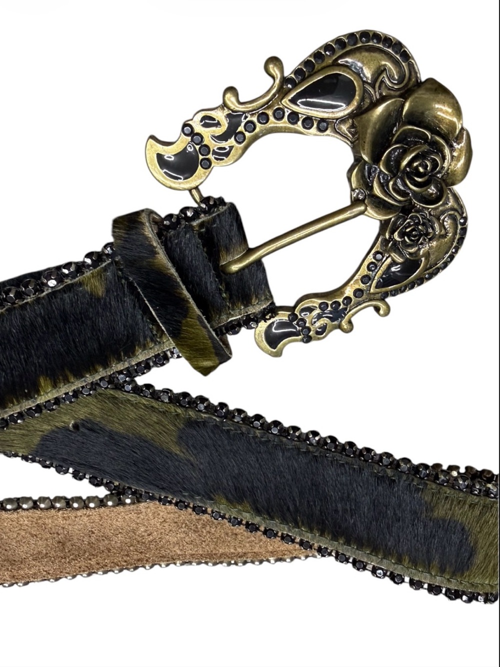 Betsey Johnson Camo Calf Hair Belt Brass Rose Buckle Vintage Rocker Y2K